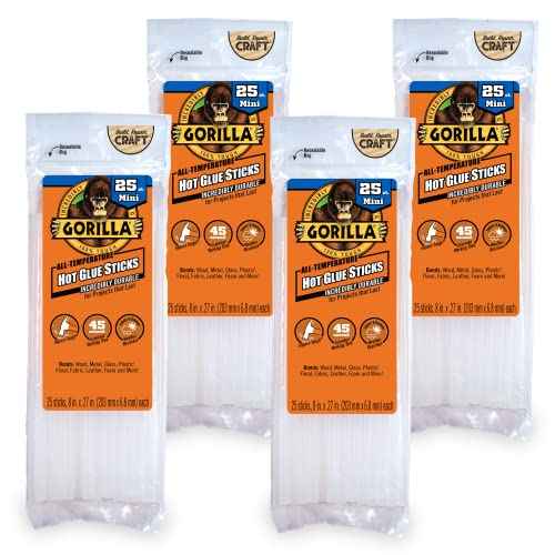 Gorilla Hot Glue Sticks, Clear Glue, Mini Size 8" Long x 0.27" Diameter, 25 Count (Pack of 4) - Safe for All Temperatures with Extended Working Time