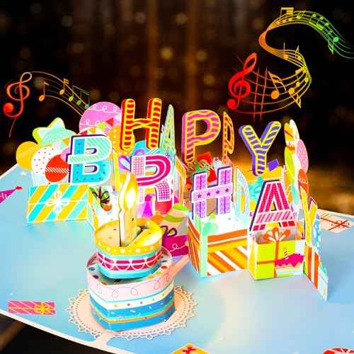 3D Musical Birthday Pop Up Card, Blow Out LED Light Candle & Music Happy Birthday Card Birthday Greeting Cards with Blank Note Card and Envelope for Kid Husband, Men, Women, Mom