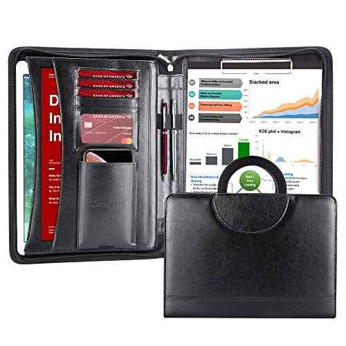 Darolin Zippered Leather Padfolio Portfolio with Hidden Handle and Clipboard, Business Conference Organizer Notepad Folder, Portfolio Bag, Padfolio for Women/Men (Black)