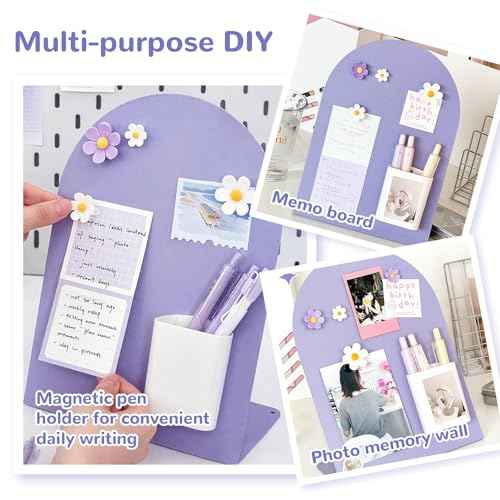 Desk Magnetic Message Board, Metal Bulletin/Memo Board with Magnetic Pen Holder and Flower Pins with Stand, Souvenir/Photo Display Board for Home, Office, Dormitory, Apartment, 8 * 11Inch