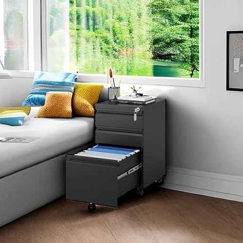 MIIIKO File Cabinet 3 Drawers on Wheels Under Desk, Black Metal Rolling File Cabinets with Lock for Home Office, Un-Assembled Filing Cabinet with Lock