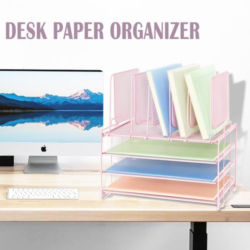 ORDROLL Desk Paper Organizer with Handle,3 Tier Letter Trays with 5 Vertical File Holder,Paper Storage,Desktop Organizer for Classroom,Home or Office,Pink