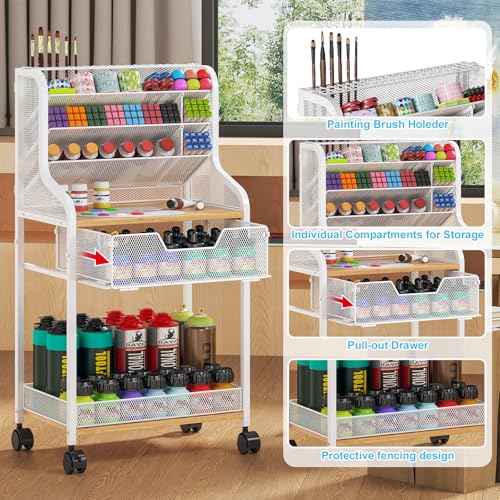 Small Rolling Craft Cart with Drawer, White Utility Art Cart, Metal Storage Cart with Lockable Wheels, 6 Tiers Paint Organizer for Art Supplies, Store for Brushes Paints Artifacts Small Parts