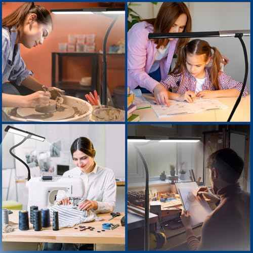 Desk Lamp for Home Office, Eye-Caring Architect Desk Lamp with Clamp, 24W Ultra Bright Auto Dimming Computer Light Stepless Dimming and Tempering Table Light for Reading, Study, Work