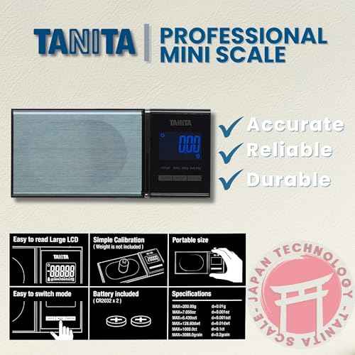 Tanita 1479J2 Mini Scale - Japan Technology Accurate Digital Pocket Scale for Jewelry - 200G Capacity - Blue Backlit Display - 6 Different Modes of Measurement: Gram, Oz, Carat, Troy Oz, DWT, Grain