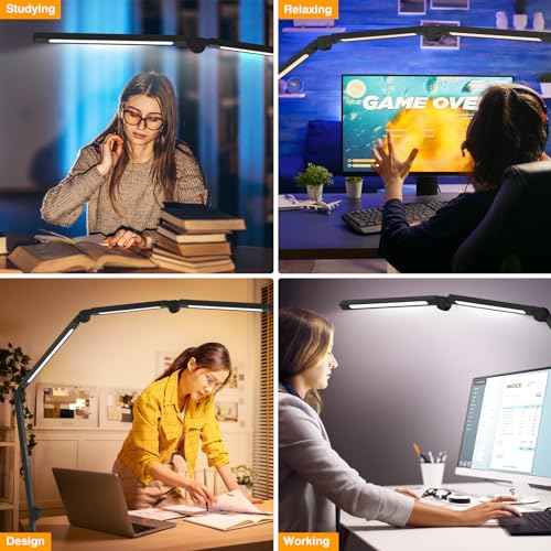 LED Desk Lamp with Clamp, Adjustable Swing Arm for Home Office, Dimmable Tempering Eye Care Table Light, Black Aluminum