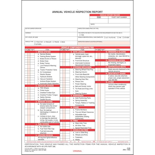 J. J. Keller Annual Vehicle Inspection Report Forms & 10-Pack Labels