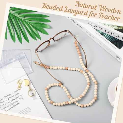 BESARME Teacher Lanyard with ID Holder Cute Wooden Beaded Lanyards for ID Card Badges Holder Retractable Badge Reel Keys Eyeglass Chains for Women