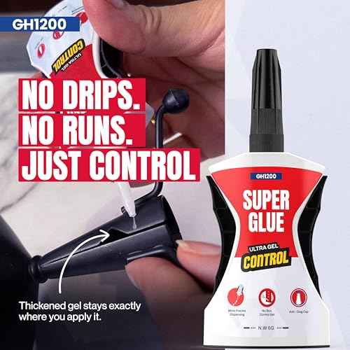 GH1200 Precision Control Super Glue Gel, 6g x 2 PCs Ultimate Micro-Dispensing for No-Mess Repairs, Non-Drip Ca Glue, Clear Drying Cyanoacrylate Adhesives, Superglue Gel Multipack Bonds in Seconds