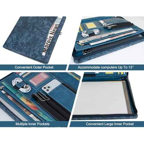 AZXCG Leather Padfolio Folio, Embossed PU Leather Portfolio with Zipper, Professional Business Document Organizer with A4/US Letter Writing Pad Holder, Gift for Woman/Men(Dark Blue)