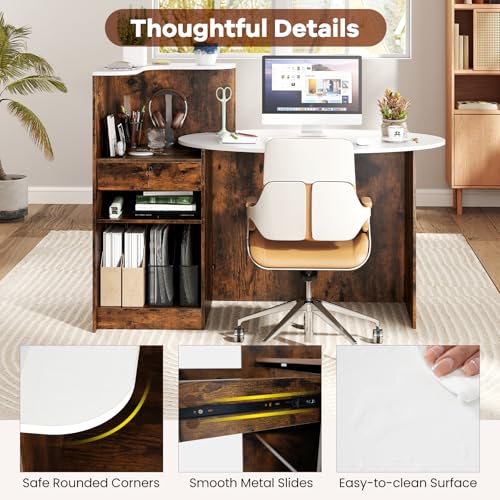 GIANTEX White & Rustic Brown Reception Desk with Lockable Drawer, Oval Top & Adjustable Shelf