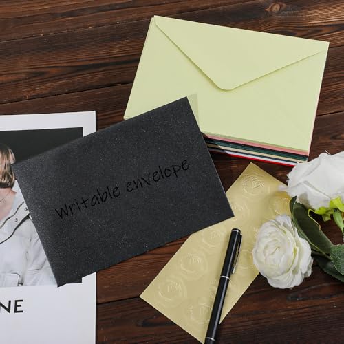 UoeRing Black 5x7 Envelopes 50Pcs Pearl Paper with Gold Stickers - A7 Size