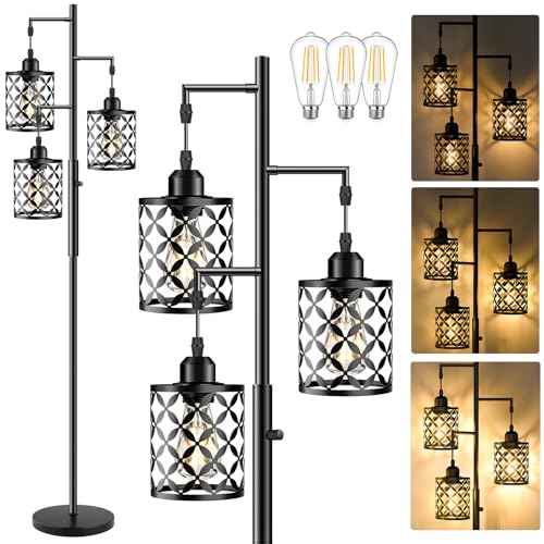 68" Dimmable Floor Lamp, Farmhouse Standing Lamp with Elegant Metal Cage, Industrial Tall Tree Floor Lamps for Living Room, Bedroom, Study Room, Office (2000LM LED Bulbs Included) - Black
