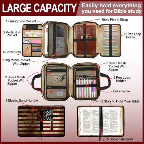 American Flag Cross Bible Cover Case for Women Men Boys, Large Bible Bag Book Carrying Case with Strap & Handle Zipper Pocket, Bible Study Supplies Journaling Kit, Highlighters and Pens Cross Clips