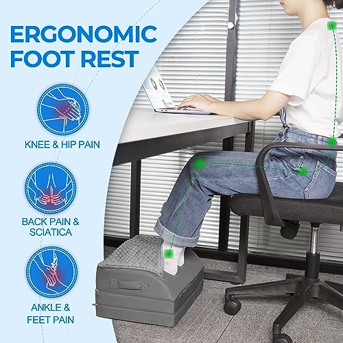 Foot Rest Under Desk for Office Use, Gel Memory Foam Foot Stool with 3 Adjustable Heights and Feet Warm Pocket for Back, Hip, Legs Discomfort Relief, Ergonomic Footrest for Office Chair & Gaming Chair