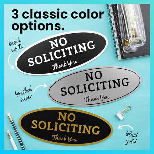 ExcelMark No Soliciting Sign for House or Business ? Durable Indoor/Outdoor Sign ? Easily Attach to Front Door - UV and Weather Resistant (Small - 2"x 5", Black with Gold Letters)