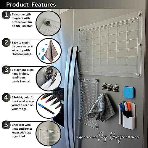 Magnetic Acrylic Calendar for Fridge Set - Magnetic Fridge Calendar Dry Erase Planner with Checklist Planning Board - Refrigerator Weekly Monthly Acrylic Whiteboard with Markers & Microfiber Cloth