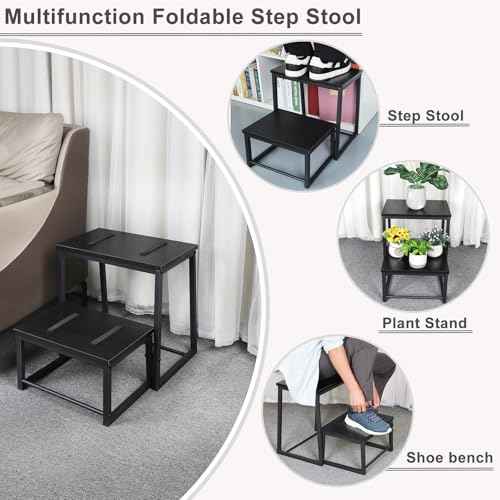 Vrisa Step Stool for Adults Wooden 2 Steps Footstool Heavy Duty RV Bedside Stepping Stool for High Beds with Metal Frame Hold Up 500LB Foot Stool for Kitchen Bathroom Bedroom, Black