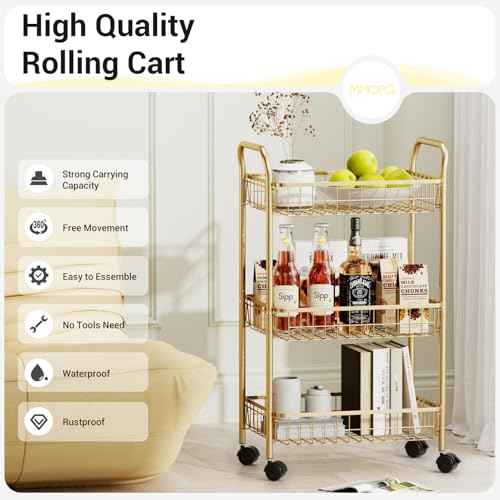 3 Tier Rolling Utility Cart, Storage Trolley Service Cart with Wheels Easy Assembly for Kitchen, Living Room, Office, Salon, Gold