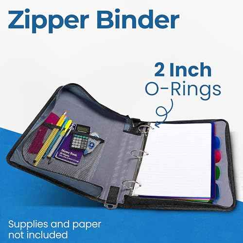 Case-it Classic Zipper Binder | 2-Inch O-Rings, 350 Sheet Capacity, Multiple Storage Pockets & Shoulder Strap | School & Office Organizer | D-251 Jet Black | 6 Pack