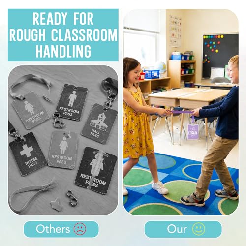 Pastel Classroom Hall Passes - 6 Durable Wooden Student Bathroom Pass Lanyard Set