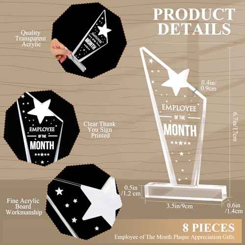 Roowest 8 Pcs Employee of The Month Plaque Employee Month Appreciation Awards Gifts Bulk Coworker Staff Acrylic Trophy Reward Sign Keepsake for Thanksgiving Colleague Volunteer Team Office Teacher
