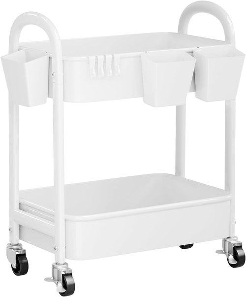 Skiennix 2-Tier Rolling Cart - Metal Utility Organizer with Wheels for Easy Storage | White