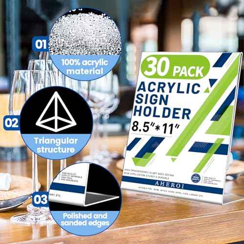 Aheroi Acrylic Sign Holder 8.5 x 11, 30Pcs Plastic Sign Holder 8.5 x 11 Standing, Clear Paper Holders Acrylic Paper Document Holders, Plastic Stands Flyer Display,Office School Table Supplies