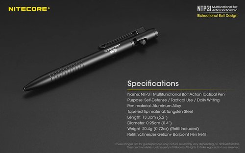 Nitecore NTP31 Bolt Action Tactical Pen with Tungsten Steel Glass Breaker with NitecoreSt Sticker