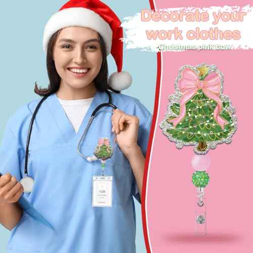 Christmas Tree Badge Reel with Retractable Clip, Cute Pink Bow Holiday Nurse ID Card Badge Holder, Glitter Name Tag Badge Reels for Women Nursing Accessories Student Teacher Gifts
