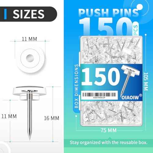 150 PCS Clear Push Pins Tacks Count in Reusable Box for Bulletin Boards and Wall Displays Heavy Duty Plastic Head