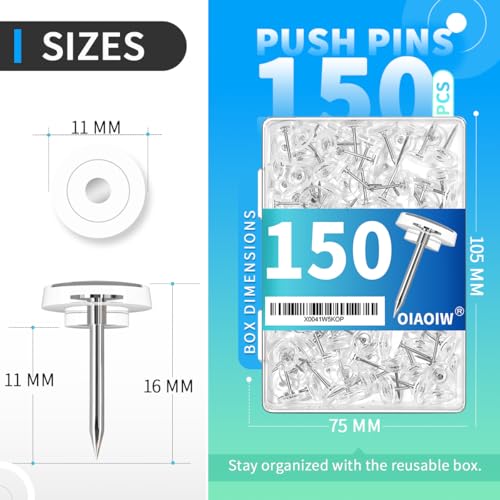 OIAOIW 150 Clear Thumb Tacks - Invisible Wall Push Pins for Bulletin Boards & Hanging