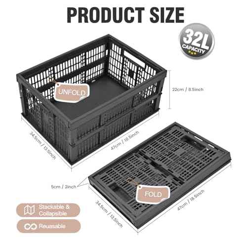 2-Pack Pastel Plastic Storage Baskets, Collapsible Crates for Organizing, Space-Saving Bins for Classroom, Kitchen, Office, Bedroom (Dark Grey, 19" x 13" x 9")