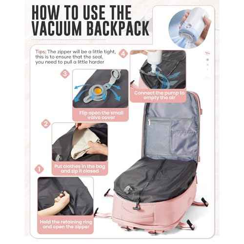 Large Vacuum Backpack Travel with Pump, Waterproof Compression Backpack, Airback Personal Item Carry on Backpacks, Vacpack Compression Bags for Seal, Business Travel Backpacks for Women Men(Pink)
