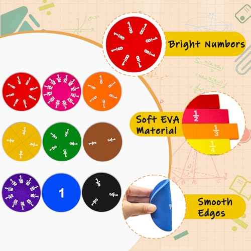 12 Sets Fraction Bars Include 6 Sets Fraction Tiles and 6 Sets Fraction Circles for Math Classroom Foam Fractions Manipulatives Math Manipulatives for Home School Supplies