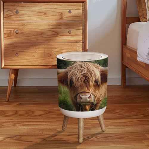 Small Trash Can with Lid for Bathroom Kitchen Office Funny Hairy Cow Highland Cattle Close up Garbage Bin Waste Basket Decorative 1.8 gallons, 14x9inch