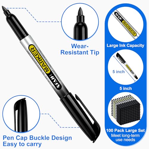 SFAIH 100 Black Permanent Markers Bulk -1s Quick Drying, Fine Point Markers for Writing, Labeling, School & Office, Warehouse, Business, Logistics, Waterproof Ink on Paper, Plastic, Metal, Cardboard