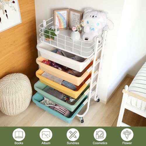 Rolling Storage Cart with 5 Drawers and Steel Top, Mobile Utility Organizer