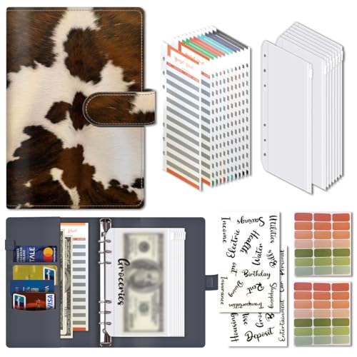 AOPEFNX Retro Brown Cowhide Budget Binder with Zipper Envelopes for Money Saving