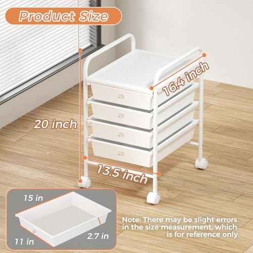 4 Tier Utility Rolling Cart with 4 Drawers Multipurpose Rolling Storage Cart with Wheels and Handles for Office Classroom Kitchen Bathroom Bedroom Organization White