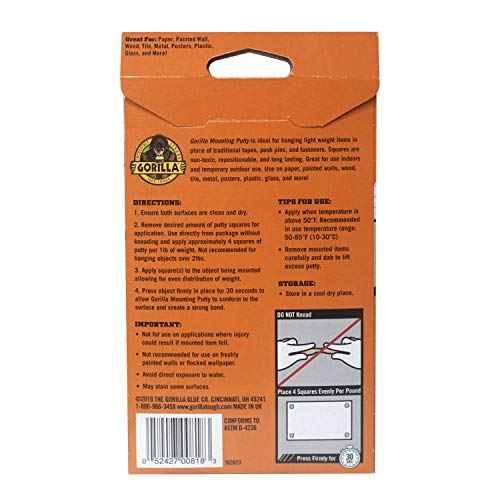 Gorilla Mounting Putty, Natural Tan Color, 84 Pre-Cut Squares (Pack of 8) - Non-Toxic Removable & Repositionable Wall Putty