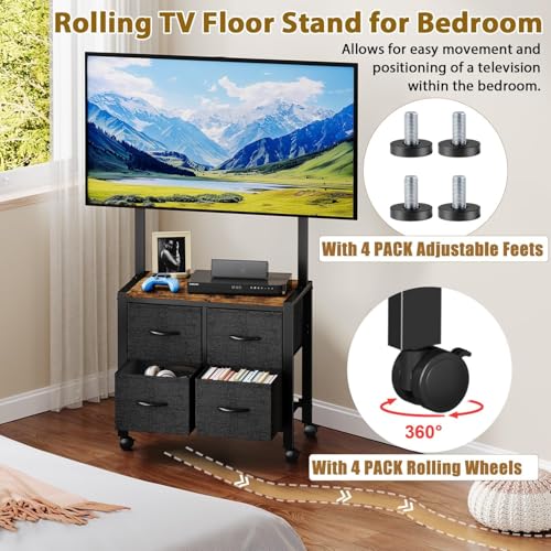 Cottage Charm Black Mobile TV Cart for 23-65 inch TVs, 88 lb load, with 4 Fabric Drawers & Wood Shelf