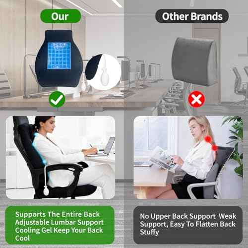 21.7'' Extra Long Cooling Gel Lumbar Support Pillow with Adjustable Air Pump for Lower Back Pain Relief, Back Rest Support Cushion for Office Chair, Wheelchair, Car, 2 Adjustable Straps, Black