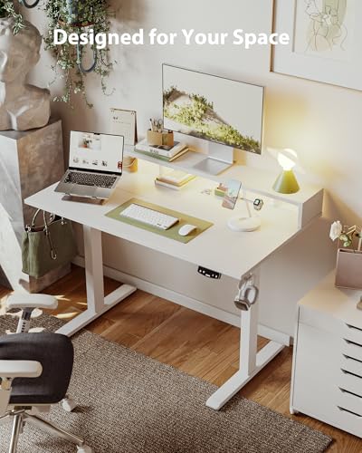Agilestic 48x24 Inch White Electric Standing Desk with LED Light & Power Strip - Adjustable Height, Modern Home Office & Gaming Desk