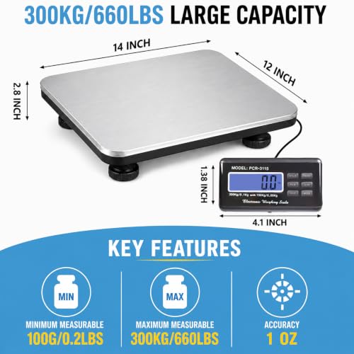 Heavy Duty Shipping Scale 660lbs - 14 x 12 Stainless Steel Platform, SurmountWay