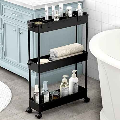 SPACELEAD Slim Storage Cart 3 Tier,Bathroom Organizer Rolling Utility,Mobile Shelving Unit Slide Out for Office, Kitchen, Laundry Room & Narrow Places,Black