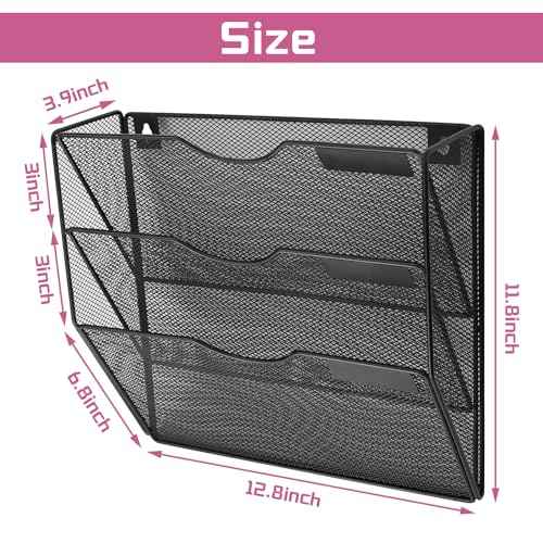 3 Pockets Mesh Wall File Holder Organizer Office Hanging File Folder Magazine Rack, Nametag Label Hooks Set Included (Black)