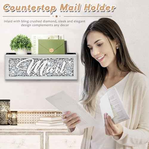 Crushed Diamond Mail Organizer, Crystal Mail Organizer Countertop, Mirror Letter Holder, Mail Tray, Mail Holder Box for Desk, Mail Holder for Wall