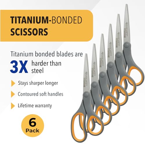 Westcott Titanium Bonded Scissors 8-Inch 6-Pack - Soft Handle, Straight, Gray/Yellow