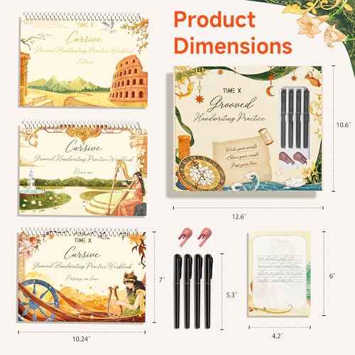 TIME X Grooved Cursive Handwriting Workbook Kit - Cursive Handwriting Workbook for Kids 8-12 and Adults - 3Pcs Magic Reusable Handwriting Workbook with Detachable Quote Postcards - 12.6"x10.6"
